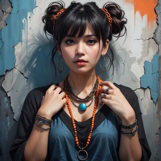 Young Woman with Boho Jewelry and Double Buns Hairstyle