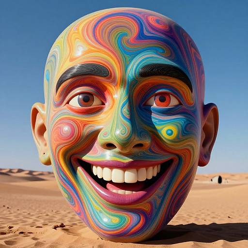 Photorealistic CGI of a colorful, swirling-patterned, bald, smiling face with large eyes and bright teeth in a desert under a clear blue sky