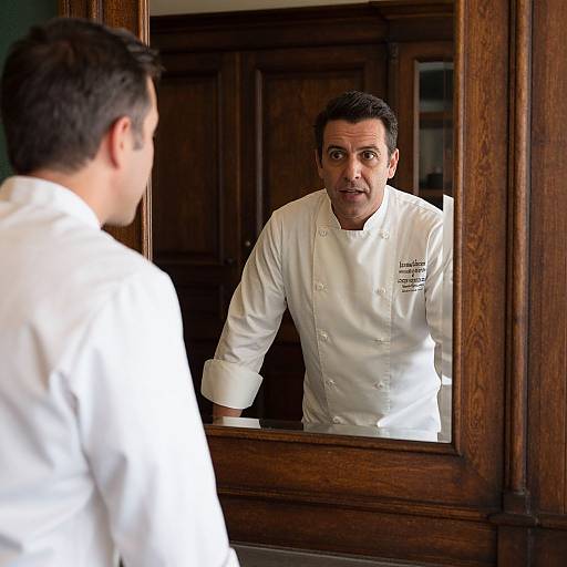Photograph of a male chef with dark hair, medium build, and olive skin, reflected in a wooden-framed mirror, wearing a white chef's