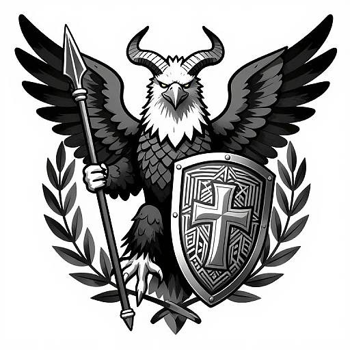 Black and white illustration of a fierce eagle with horns, holding a spear and a shield with intricate patterns, surrounded by laurel leaves.
