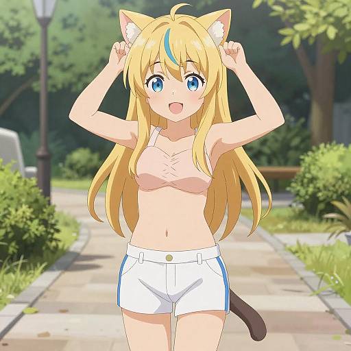 Anime Girl with Cat Ears in Garden