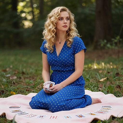 Blonde Woman Playing Cards in Nature