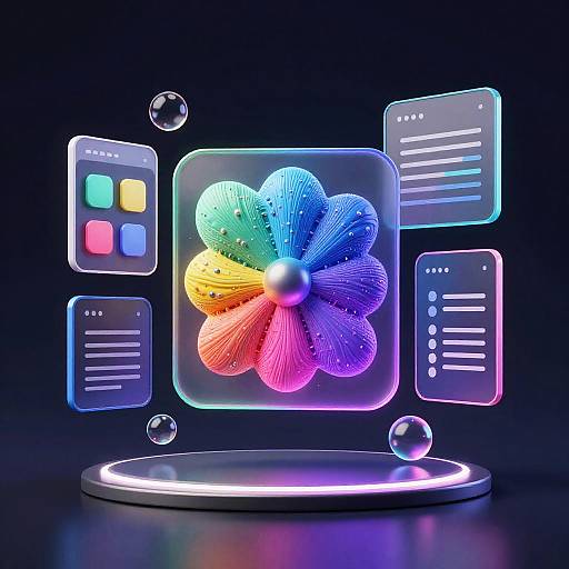 Neon digital artwork featuring a colorful, glowing flower in a transparent square, surrounded by holographic text boxes and floating bubbles.