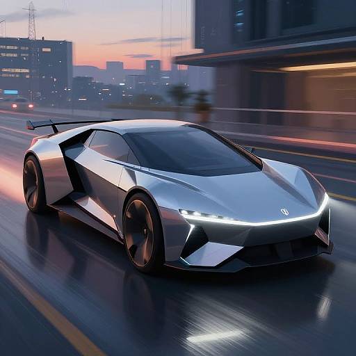 Photorealistic CGI of a sleek, silver, futuristic sports car with glowing white headlights speeding on a wet urban highway at sunset.