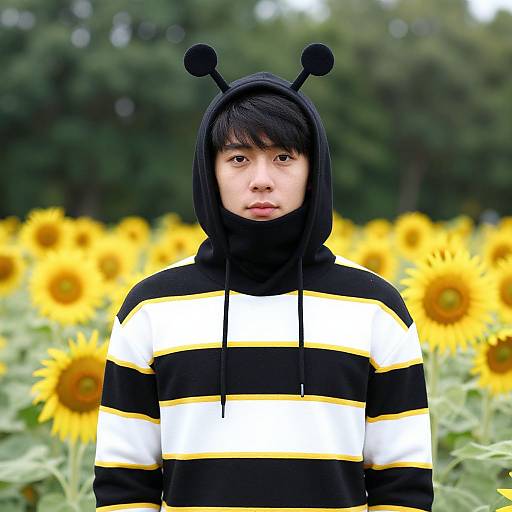 Photograph of an East Asian teenage boy in a black and yellow striped hoodie with bee antennae headband, standing in a sunflower field.