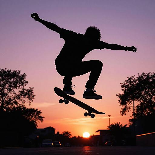 Silhouetted skateboarder mid-jump against a vibrant sunset with purple, orange, and pink hues, surrounded by dark tree silhouettes and