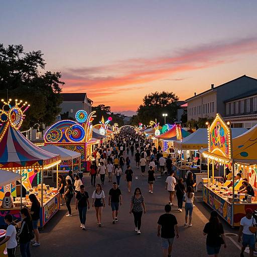 Vibrant evening fair with colorful carnival booths, string lights, and a crowd of people walking under a stunning sunset sky.