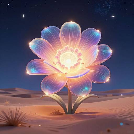 Digital art of a glowing, bioluminescent flower with translucent blue petals illuminated by bright, starry night sky in a desert.