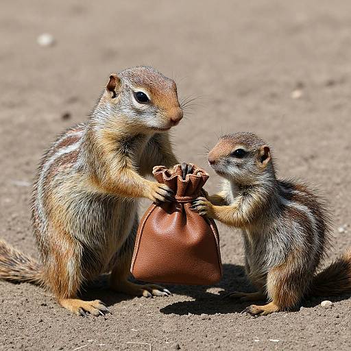 Photograph of two ground squirrels, one adult and one young, holding a small brown leather pouch on a gravelly ground.