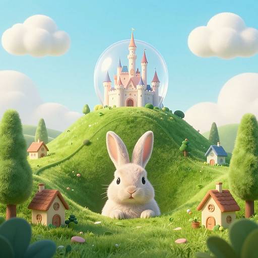 CGI image of a cute white bunny sitting on a green hill with a whimsical castle and houses in the background. Blue sky with fluffy clouds.