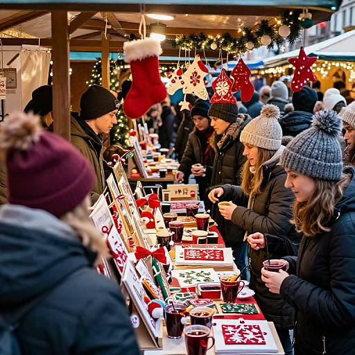 Photograph of a festive Christmas market: people in winter clothes, hats, and scarves, buying holiday-themed treats and drinks from a brightly lit,
