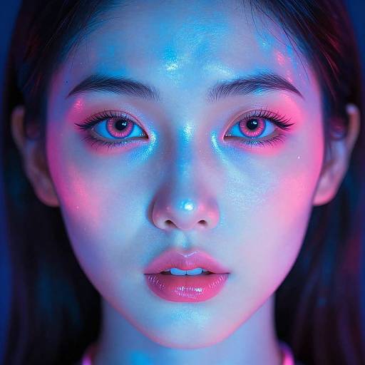 Close-up photograph of an East Asian woman with glowing blue and pink lights illuminating her face, highlighting her large, expressive eyes and glossy lips.