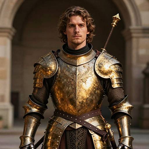 Photograph of a muscular, curly-haired man in ornate, golden medieval armor with intricate designs, standing in an arched stone courtyard.