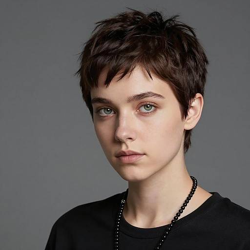 Portrait of Young Woman with Dark Brown Pixie Cut