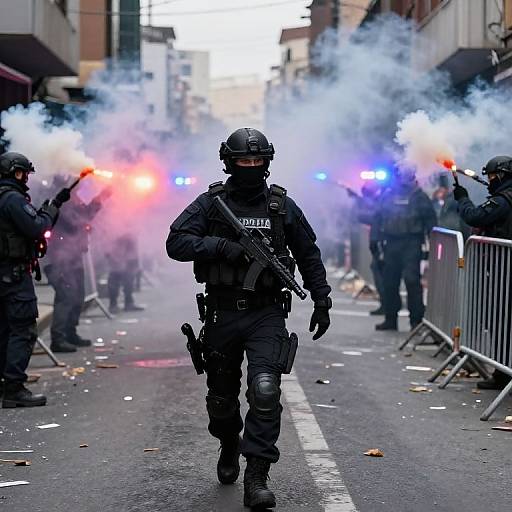 Photograph of armed police officers in black uniforms and helmets, with 