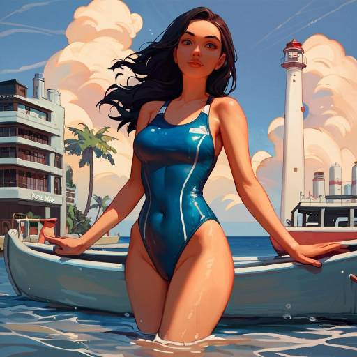 Girl in Blue Swimsuit by the Water