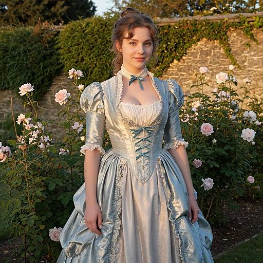 Photograph of a fair-skinned young woman in a Victorian-style, light blue satin dress with lace, standing in a rose garden with a stone wall