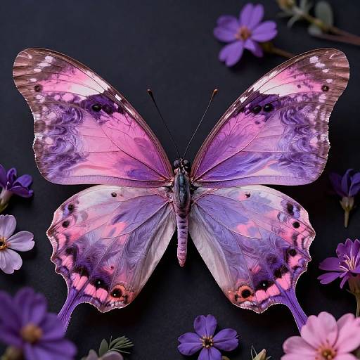 Photograph of a vivid purple and pink butterfly with iridescent wings, surrounded by purple flowers on a dark background.
