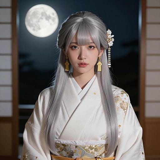 Young Woman in White Kimono Under Full Moon