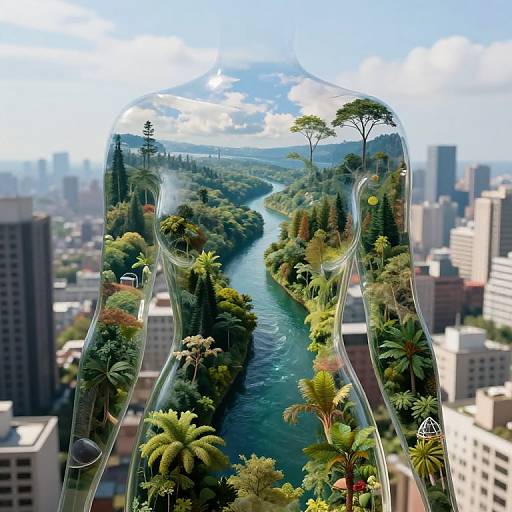 Digital artwork: Clear glass figure with forest and river landscape inside, set against a cityscape background with skyscrapers and blue sky.