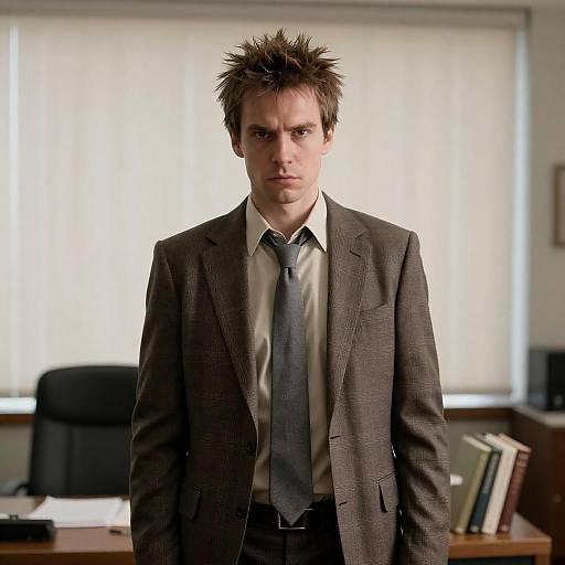 Man in Brown Plaid Suit with Spiky Hair in Office