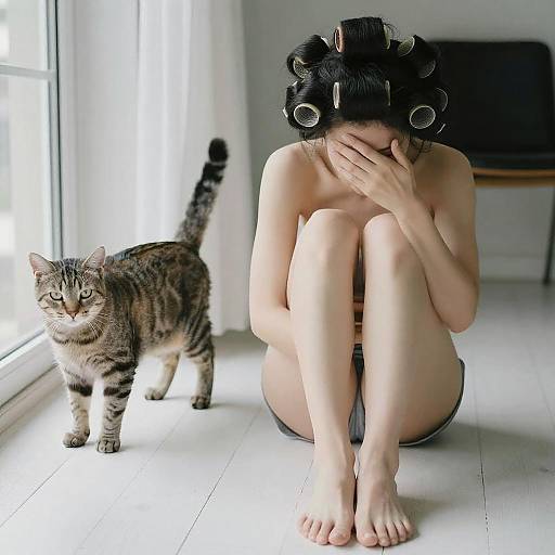 Nude Person with Curlers and Cat