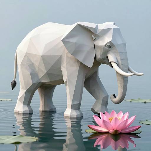 Digital art of a white, geometric paper-crafted elephant standing in calm water, facing right, with a pink lotus flower in the foreground.