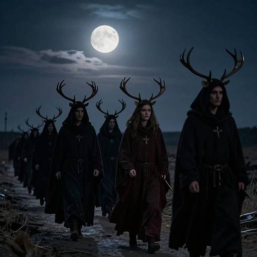 Photograph of a dark, moonlit night featuring a procession of people in long robes and antler headpieces, walking in a line under a bright