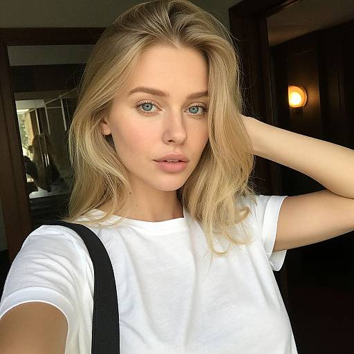 Photograph of a blonde woman with blue eyes, wearing a white shirt and black suspenders, posing indoors with a hand in her hair.