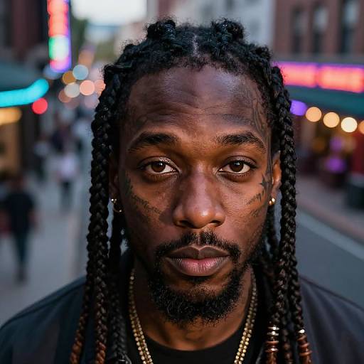 Photograph of a serious, dark-skinned Black man with long braids, gold necklace, and a goatee, standing on a busy city street