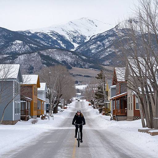 Photograph of a person in winter gear cycling down a snowy, mountain-town street lined with colorful houses and leafless trees.