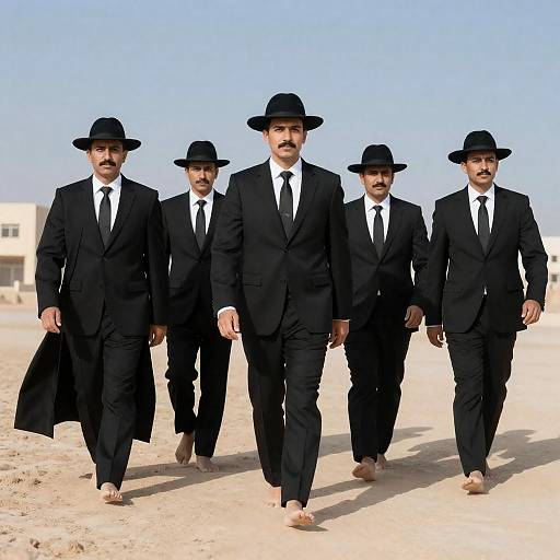 Five Men in Black Suits Walking Barefoot in Desert
