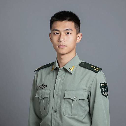 Photograph of an Asian male soldier with short black hair, wearing a light green military uniform with black epaulettes and insignias, against a