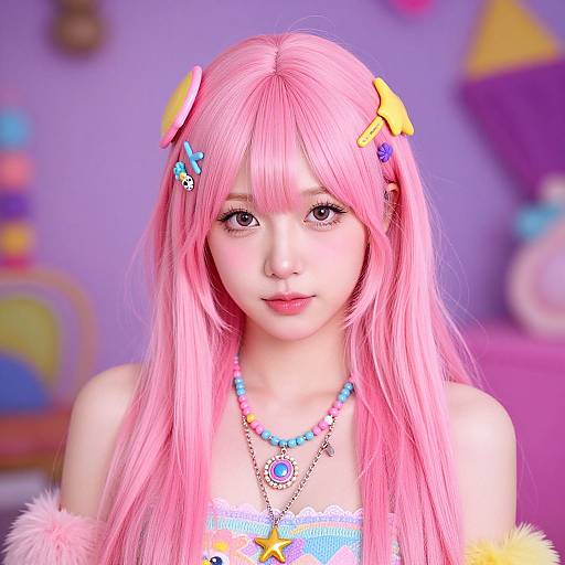 Digital CGI image of an anime-style girl with long pink hair, colorful hairpins, beaded necklaces, and a pastel-striped top, in