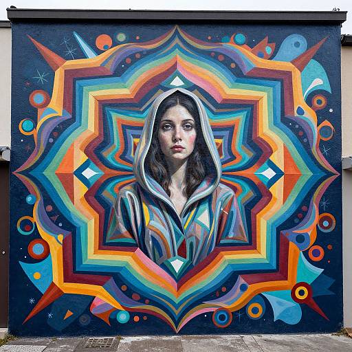 Surreal Woman Mural with Geometric Patterns