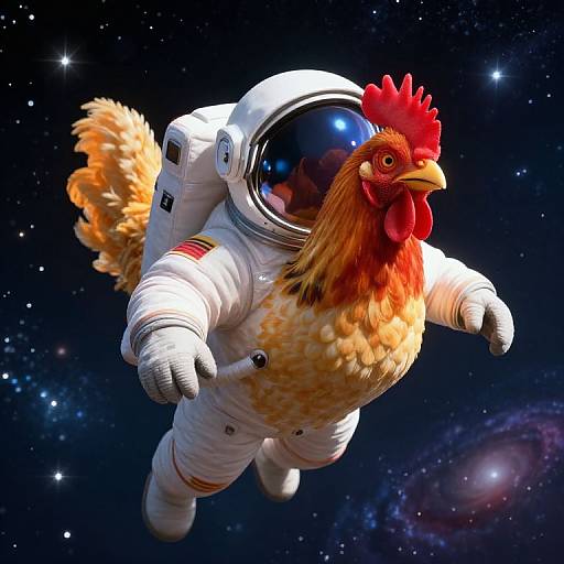 Photorealistic CGI of a chicken in a white astronaut suit with a reflective helmet, flying through a starry, galaxy-filled space.