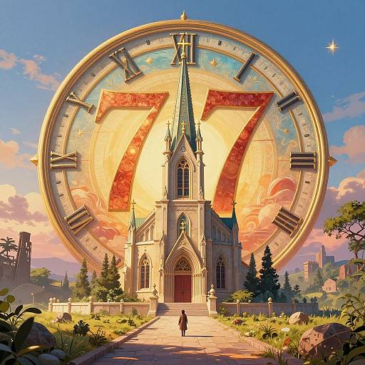 Digital art of a grand Gothic church with a massive clock face, featuring a large red 7, set against a sunset sky. A lone figure stands