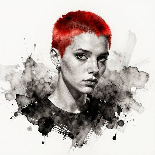 Digital portrait of a white woman with short, vibrant red hair, black and white splatter background, intense expression, black top.