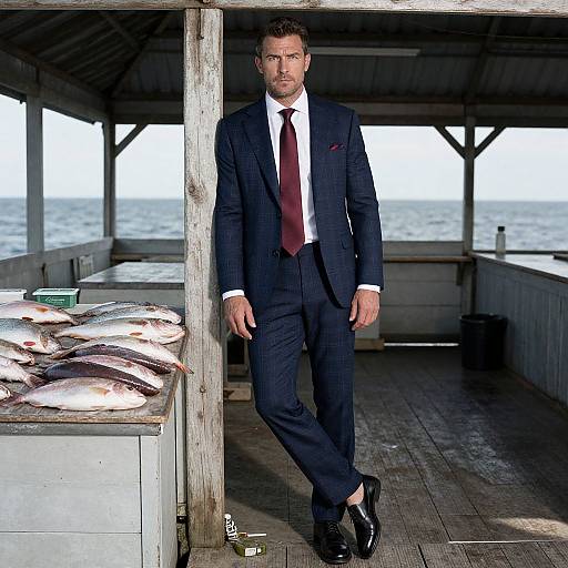 Photograph of a handsome man in a navy suit, white shirt, red tie, and black shoes, standing in a wooden fishing shed with fresh fish