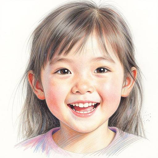 Colorful digital drawing of a smiling young Asian girl with long brown hair, pink cheeks, and brown eyes, wearing a white shirt.