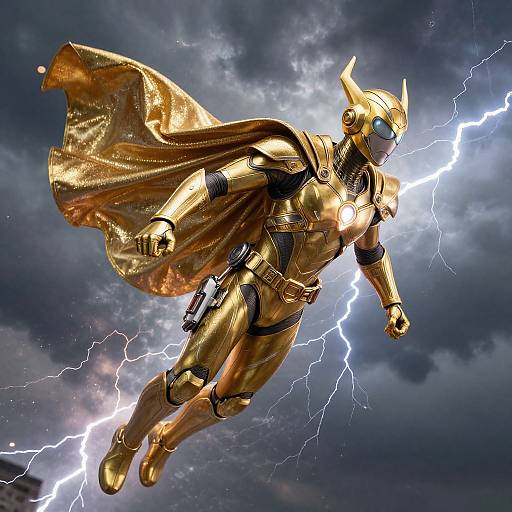 Gold Superhero in Stormy Skies
