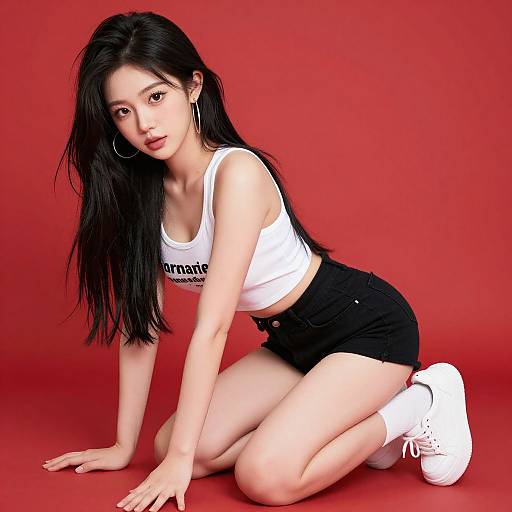 Photograph of an Asian woman with long black hair, wearing a white crop top, black shorts, white sneakers, and hoop earrings, kneeling on a
