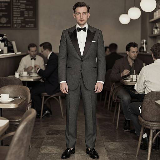 Photograph of a handsome, fair-skinned man in a black tuxedo with a bow tie, standing in a dimly lit café, surrounded