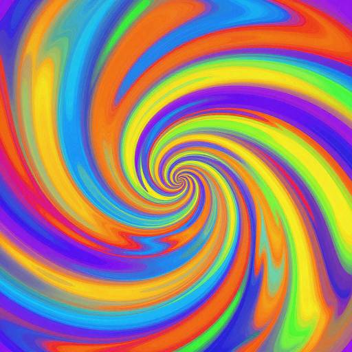 Vibrant, psychedelic digital artwork featuring swirling, colorful spirals in bold shades of blue, orange, yellow, green, and red.