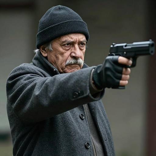 Intense Close-Up of an Aiming Old Man