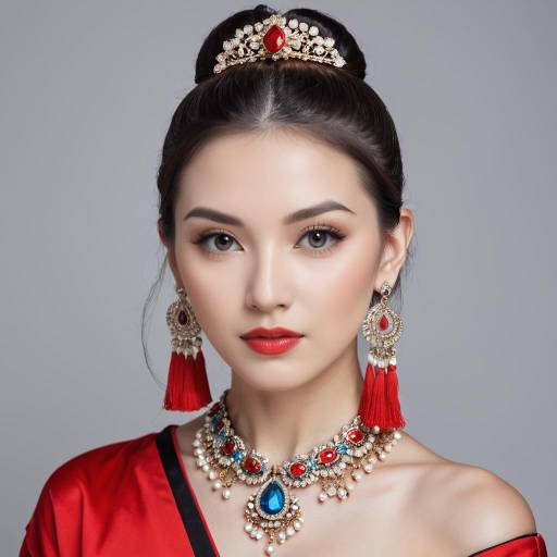 Asian Woman in Traditional Jewelry and Red Dress