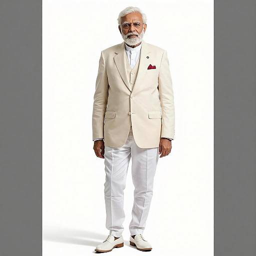 Photograph of an elderly Indian man with white hair and beard, wearing a cream blazer, white shirt, white pants, and white shoes, standing
