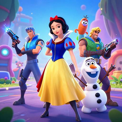 Digital illustration of Snow White, two muscular men with guns, Olaf, and a snowman standing in a colorful, whimsical town.