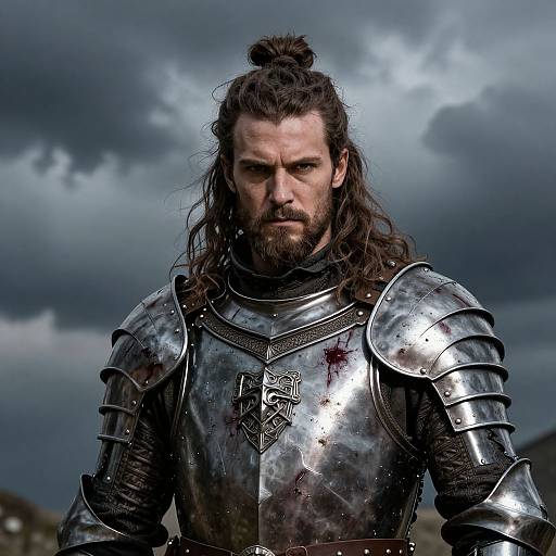 Photograph of a serious, bearded man with long, tied-back brown hair, wearing gleaming, blood-stained medieval armor against a stormy