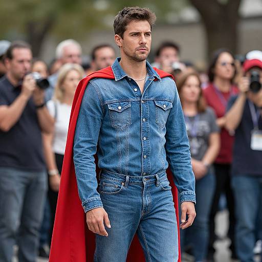 Photograph of a serious-looking man in blue denim shirt and pants with a red cape, standing in front of a crowd of blurred onlookers.